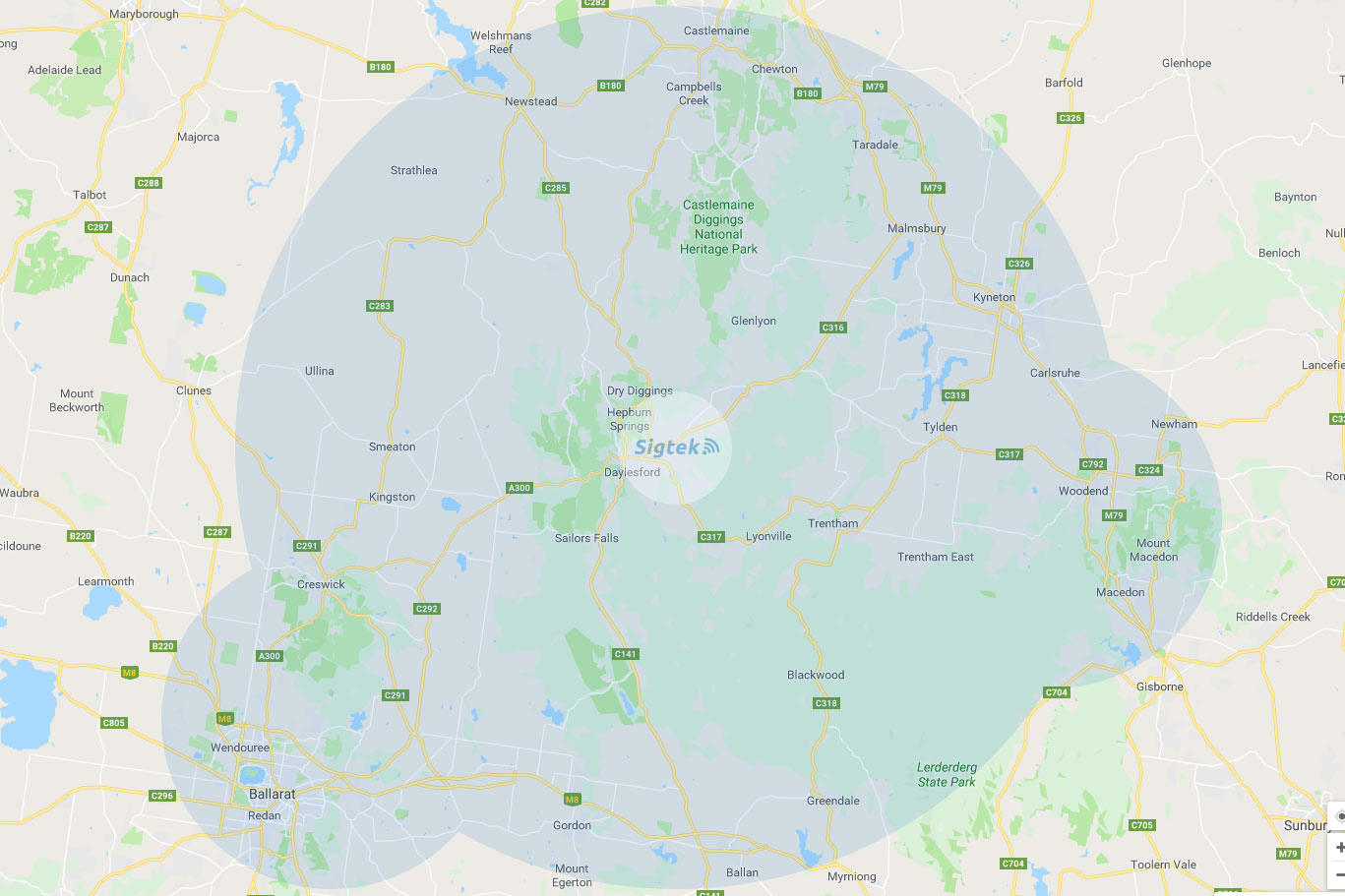 Daylesford Region and 60km radius circle